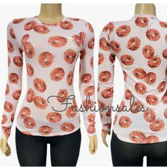 Victoria’s Secret Pink Cozy Sleep long sleeve Donuts print pajama top ONLY Xs - Picture 2 of 4